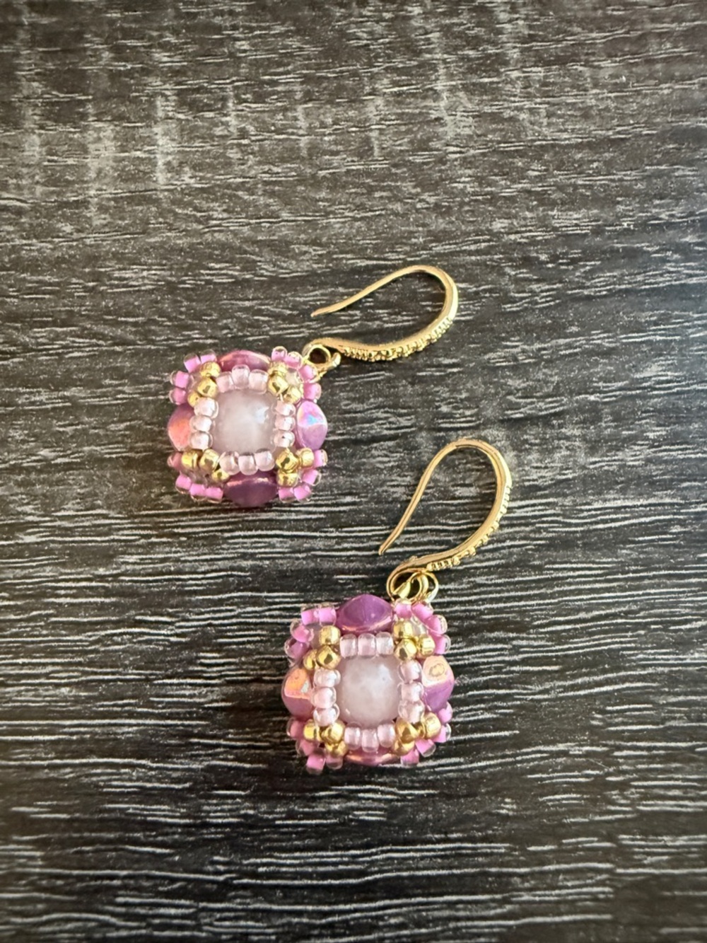 Gold and Pink Beaded Drop Earrings - Women Jewelry